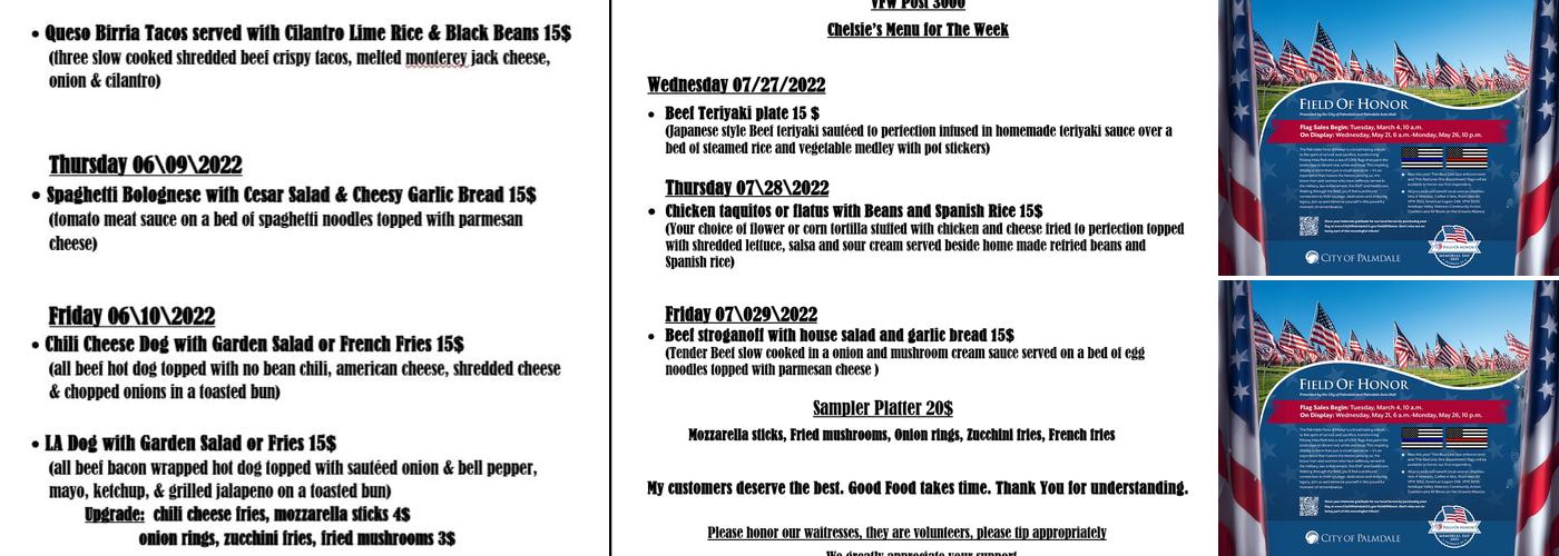 VFW Post 3000 Menu