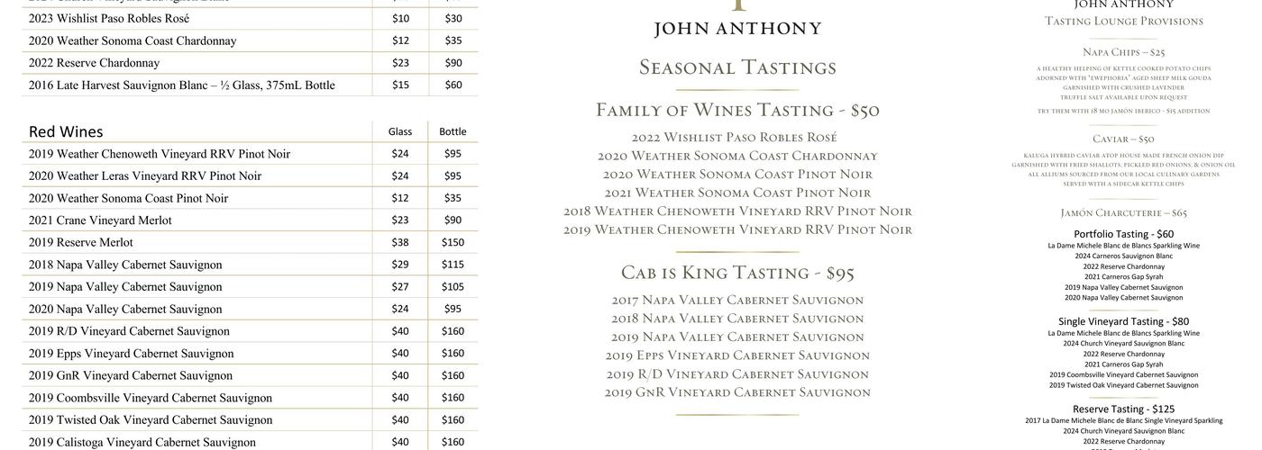 John Anthony Vineyards Menu