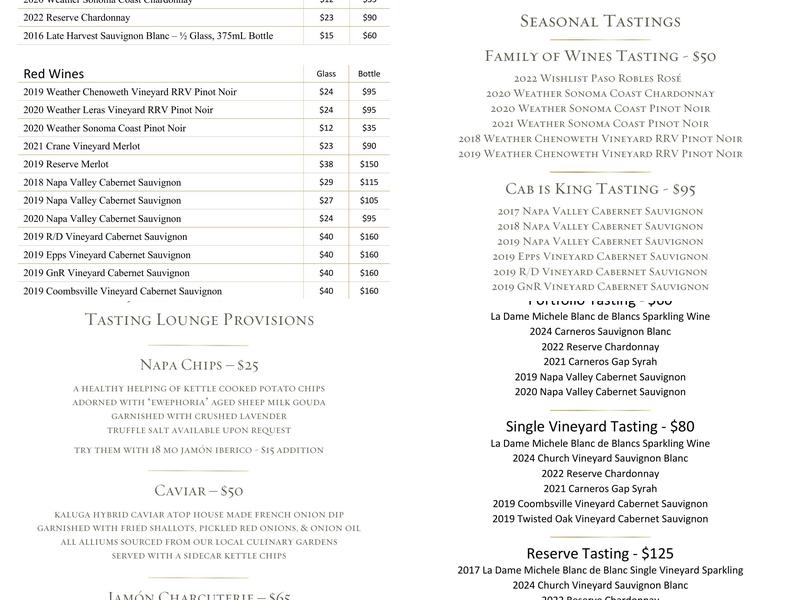 John Anthony Vineyards Menu
