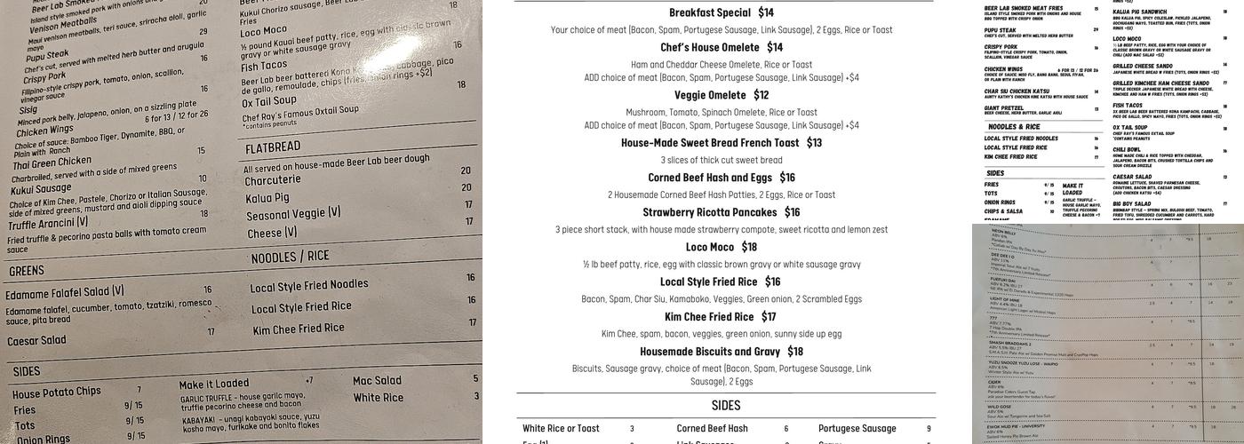 Beer Lab Hawaii Menu