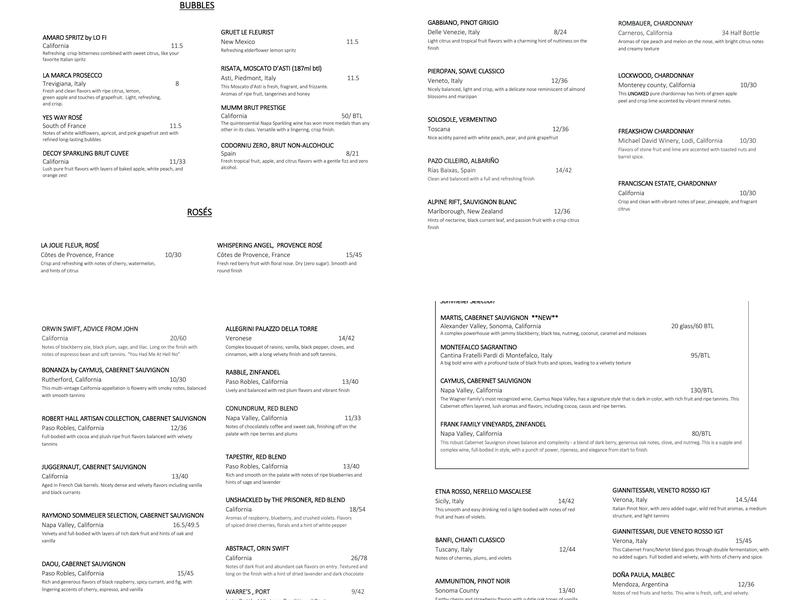 The Fountainhead Wine & Beer Bar Menu