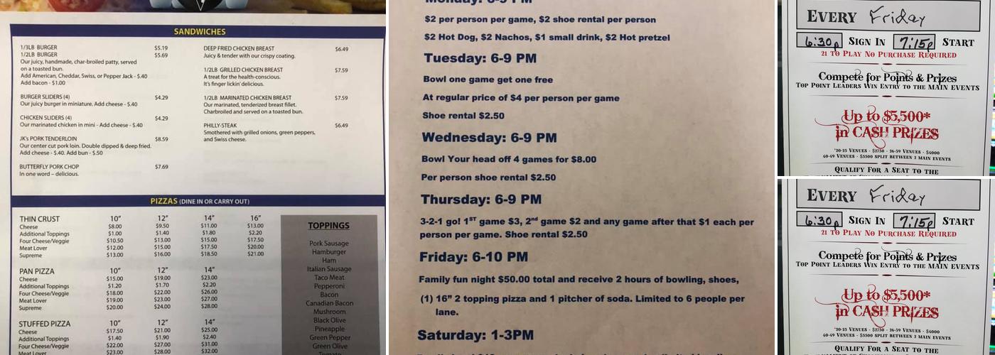 Sunset Lanes Menu