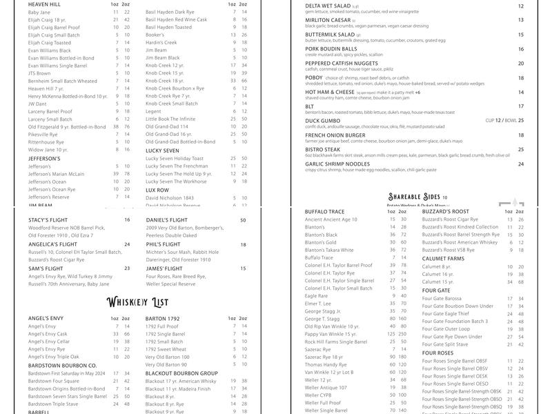 North of Bourbon Menu