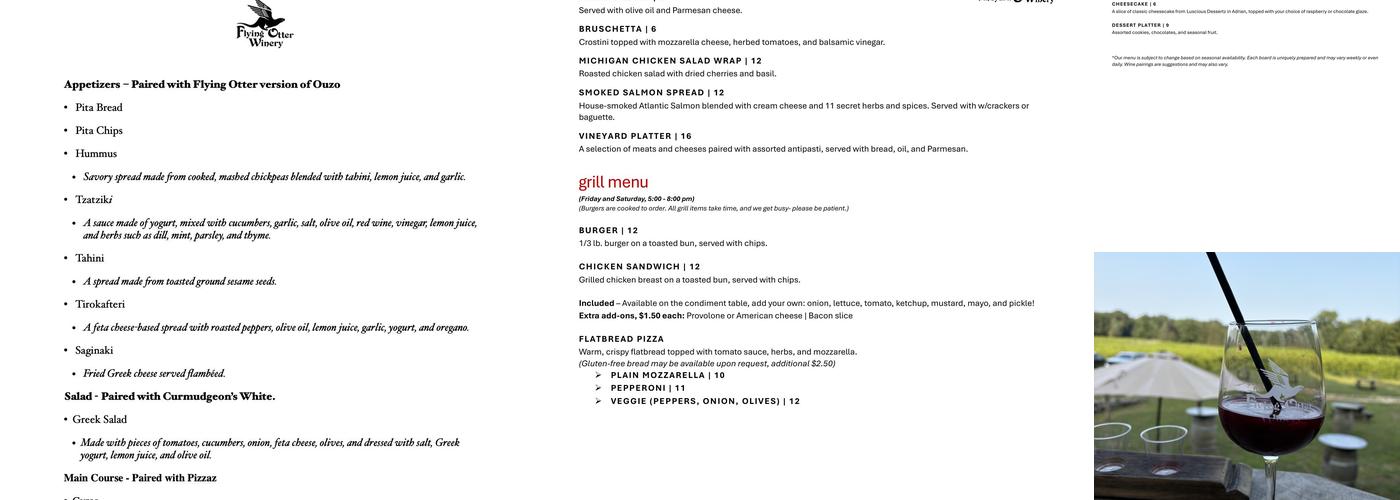 Flying Otter Vineyard & Winery Menu
