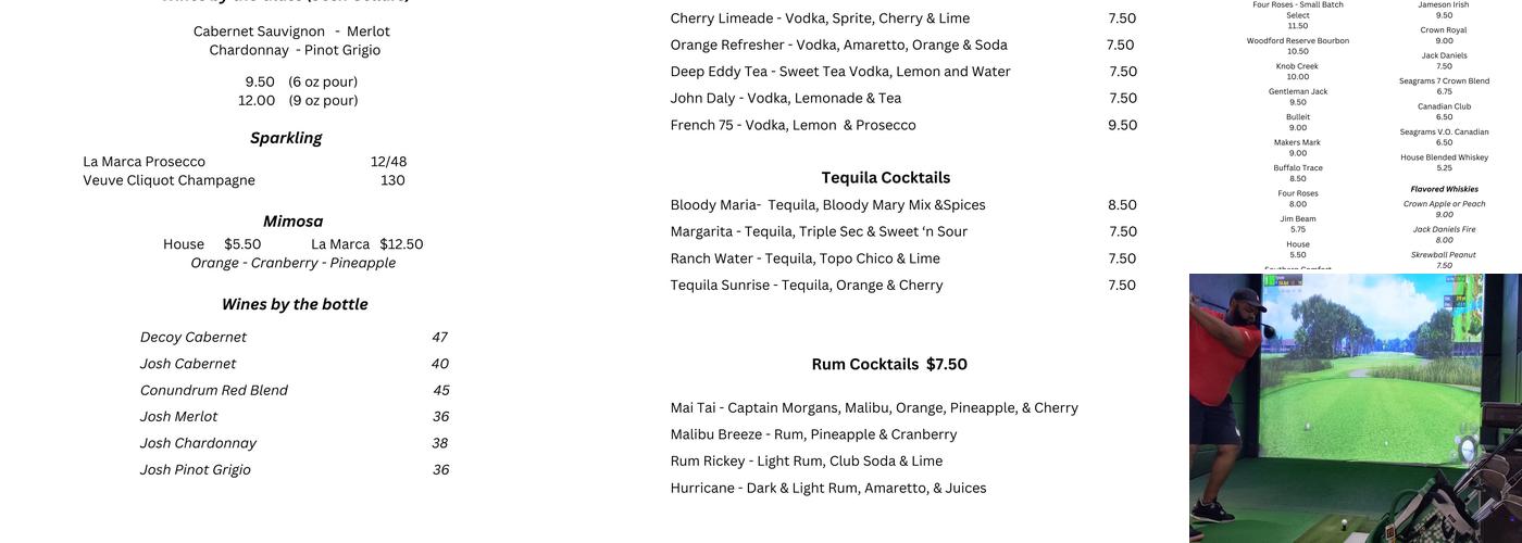 Swing Zone Golf Menu