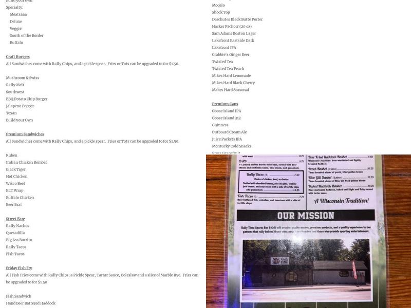 Rally Time Sports Bar &Grill Menu