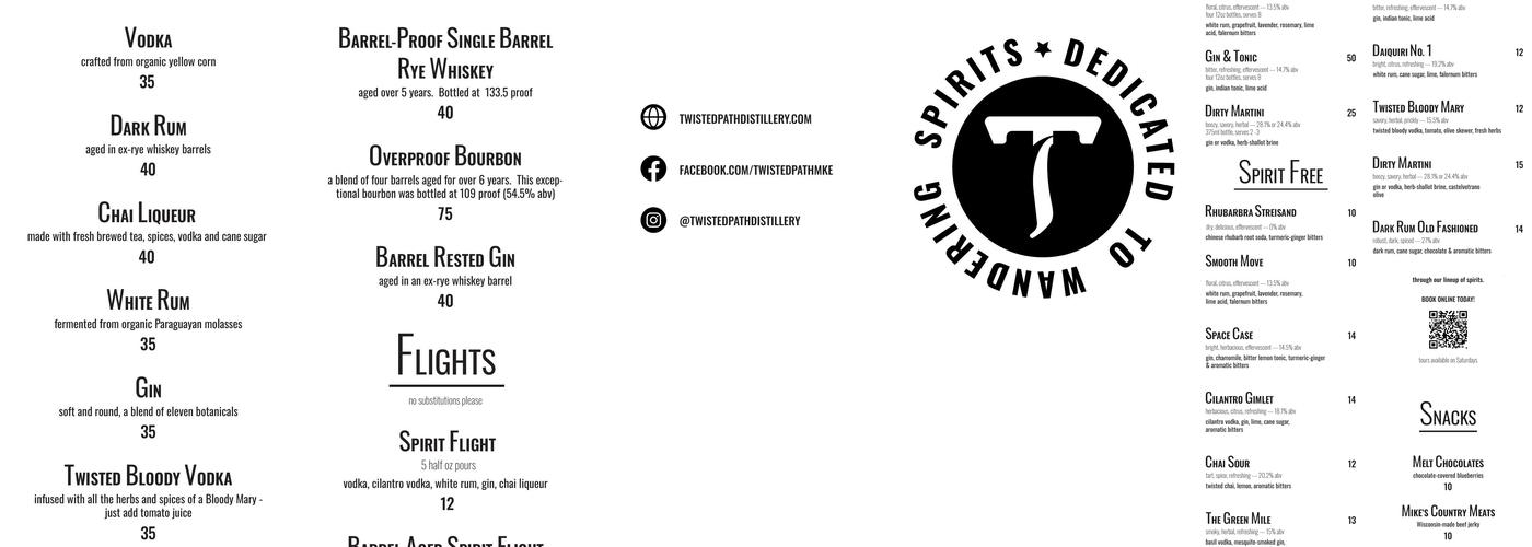Twisted Path Distillery Menu