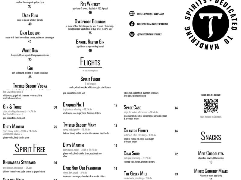 Twisted Path Distillery Menu