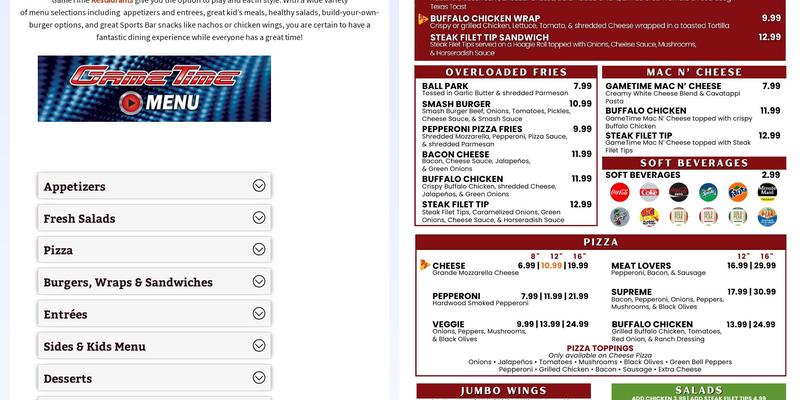 GameTime Fort Myers Menu