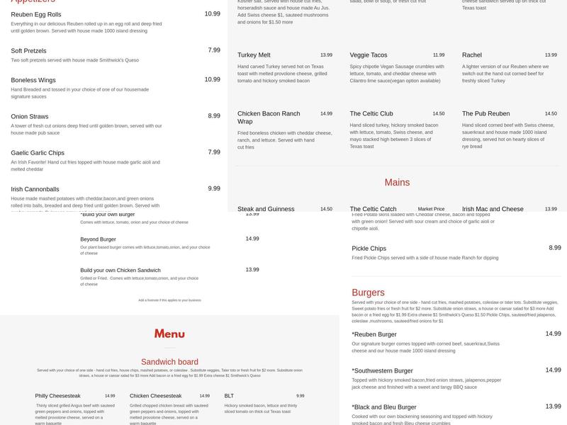 Celtic Monkey Irish Pub and Grill Menu