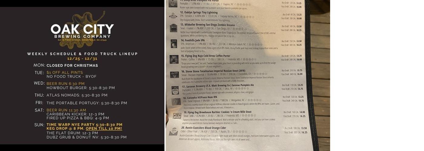 Oak City Brewing Company Menu