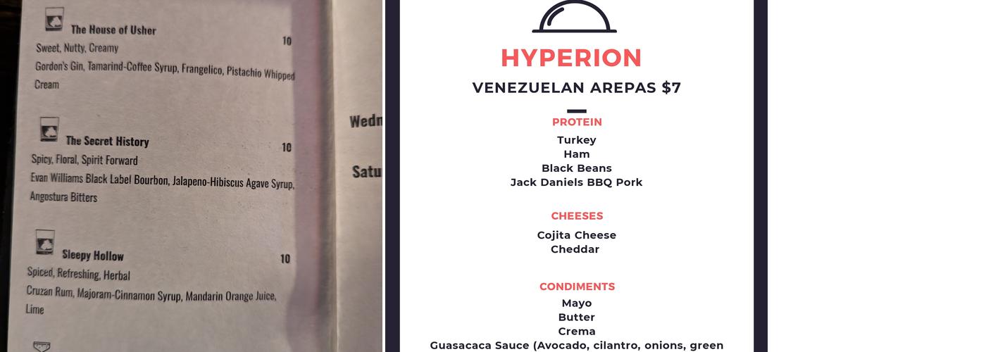 Hyperion Bar and Lounge Menu
