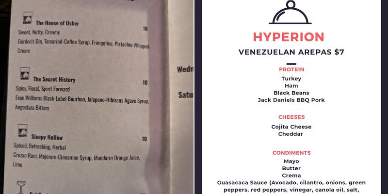 Hyperion Bar and Lounge Menu