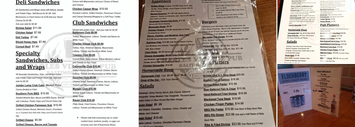 Charles Village Pub Menu