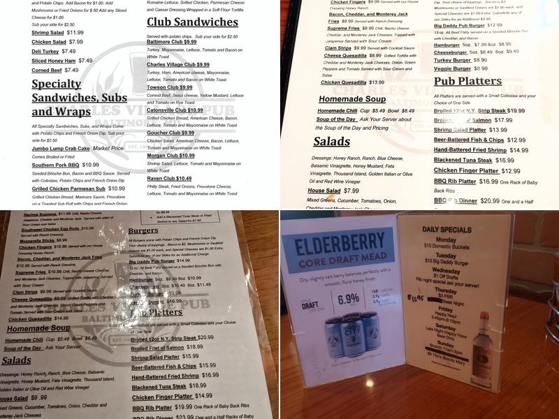 Charles Village Pub Menu