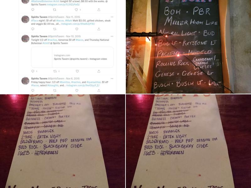 Spirits Tavern Menu
