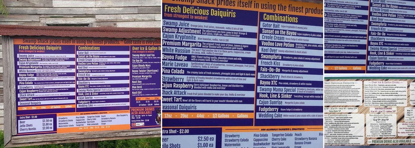 Swamp Shack Daiquiris Menu