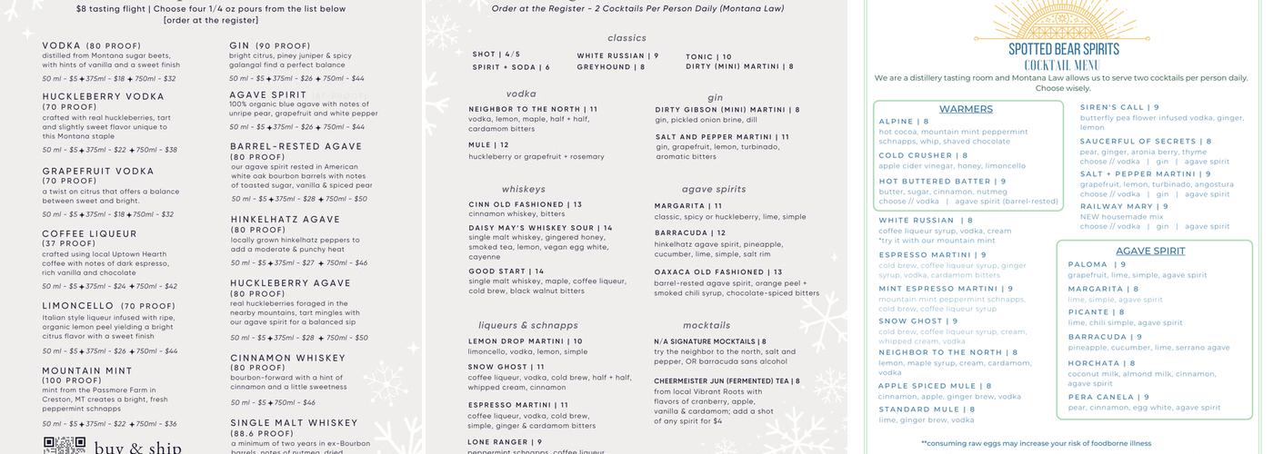 Spotted Bear Spirits Menu