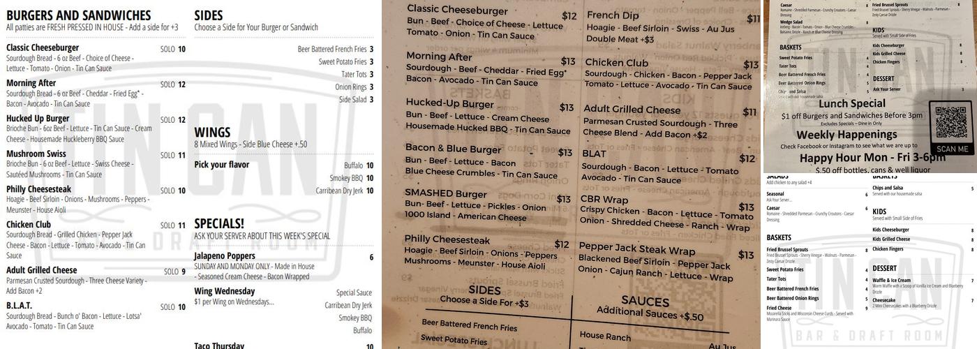 Tin Can Bar and Draft Room Menu
