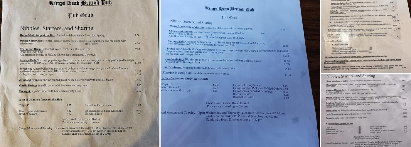 Kings Head British Pub Menu