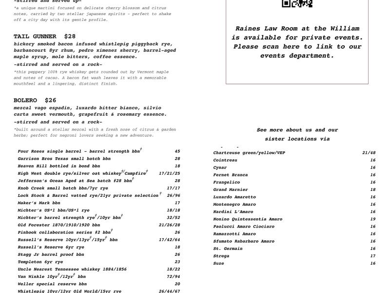 Raines Law Room at The William Menu