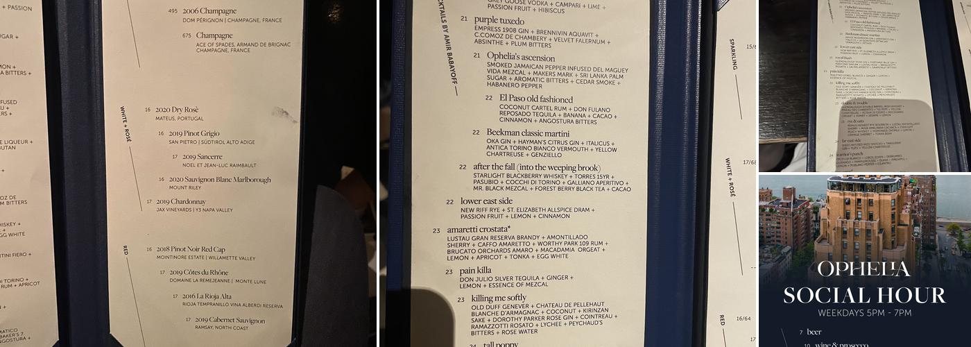 Ophelia Lounge NYC Menu