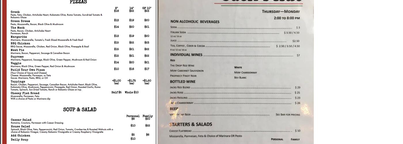 Jack's Hut Pizza & Brews Menu
