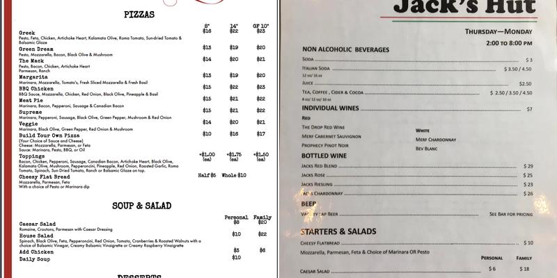 Jack's Hut Pizza & Brews Menu