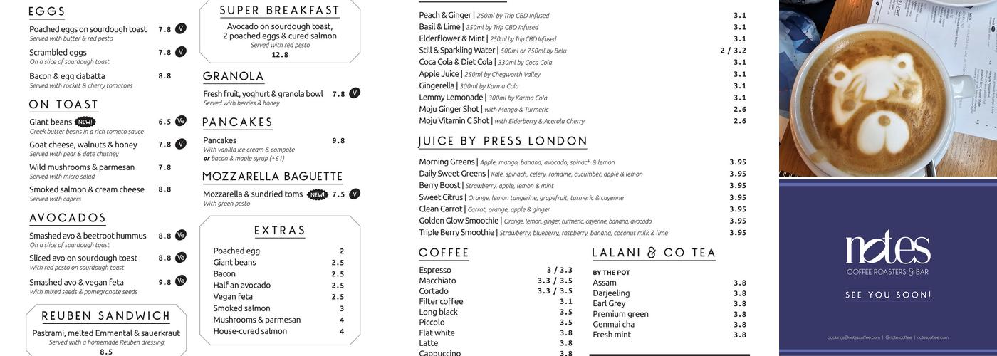 Notes Coffee Roasters & Bar | Victoria Menu