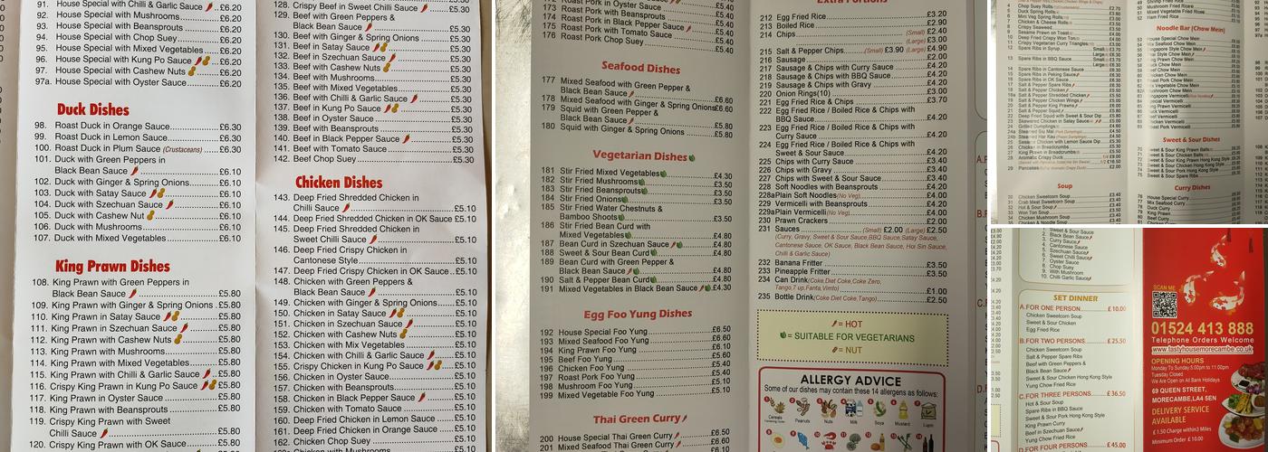 tasty house chinese take away Menu