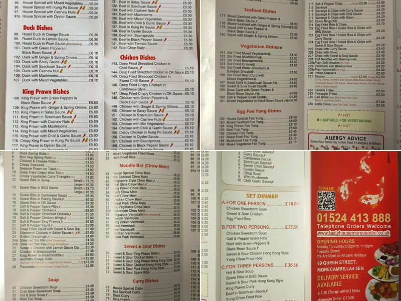 tasty house chinese take away Menu