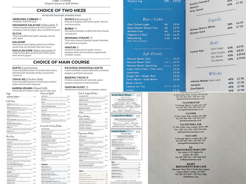 TAS Restaurant Bloomsbury Menu