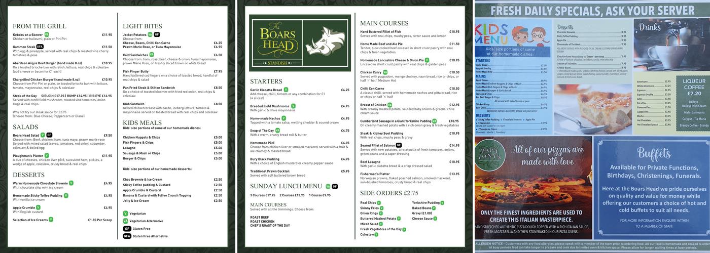 The Boars Head Menu