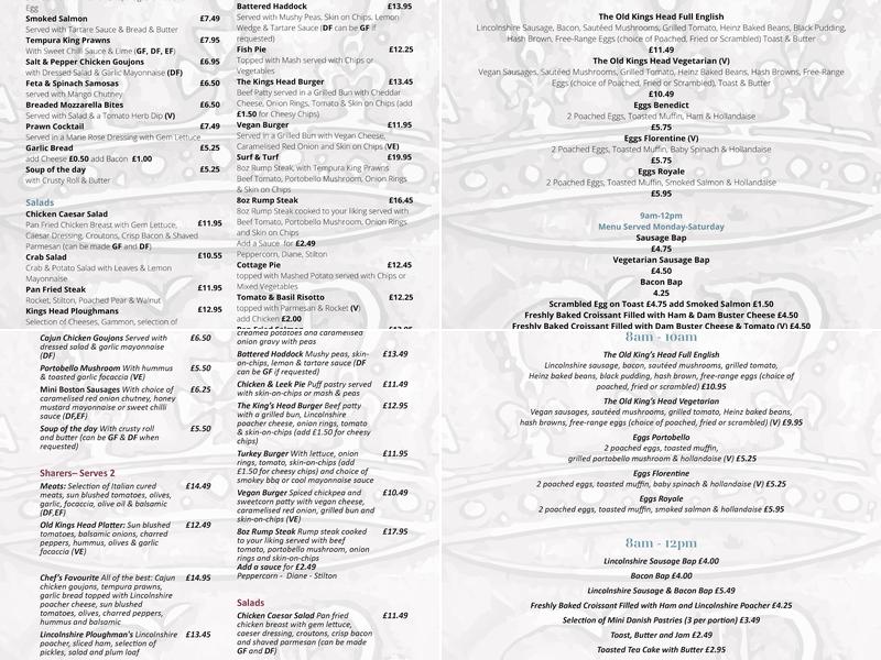 Old Kings Head, Kirton Menu