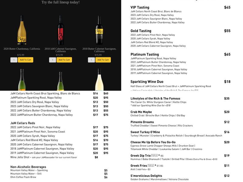 JaM Cellars Menu