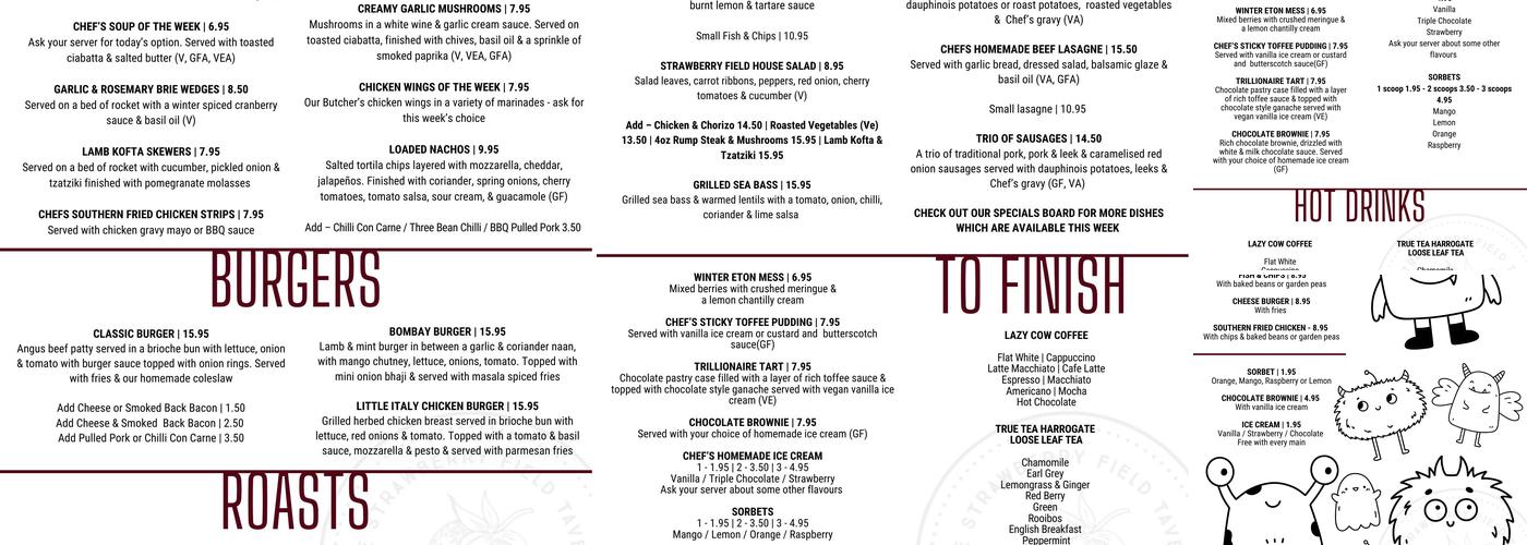 Strawberry Field Tavern Menu
