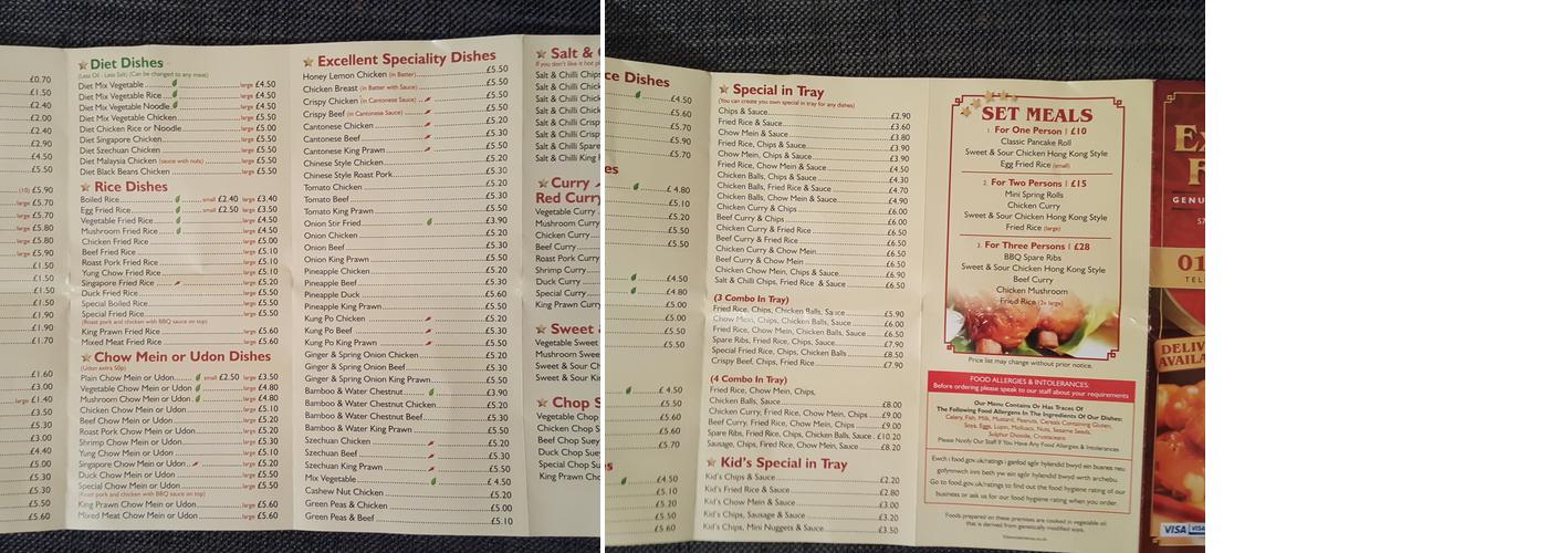 Excellent Fortune Chinese Takeaway Menu