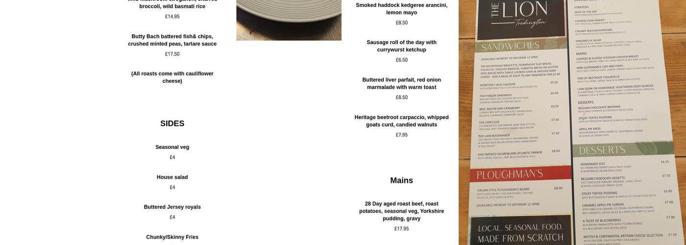 The Lion, Tredington Menu