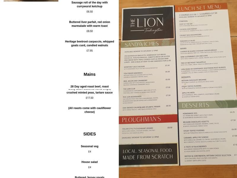 The Lion, Tredington Menu