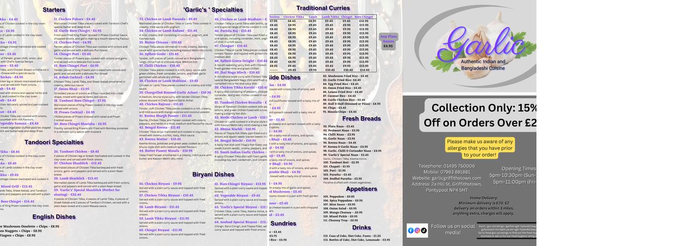 Garlic Authentic Indian and Bangladeshi Takeaway Menu