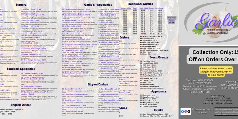 Garlic Authentic Indian and Bangladeshi Takeaway Menu