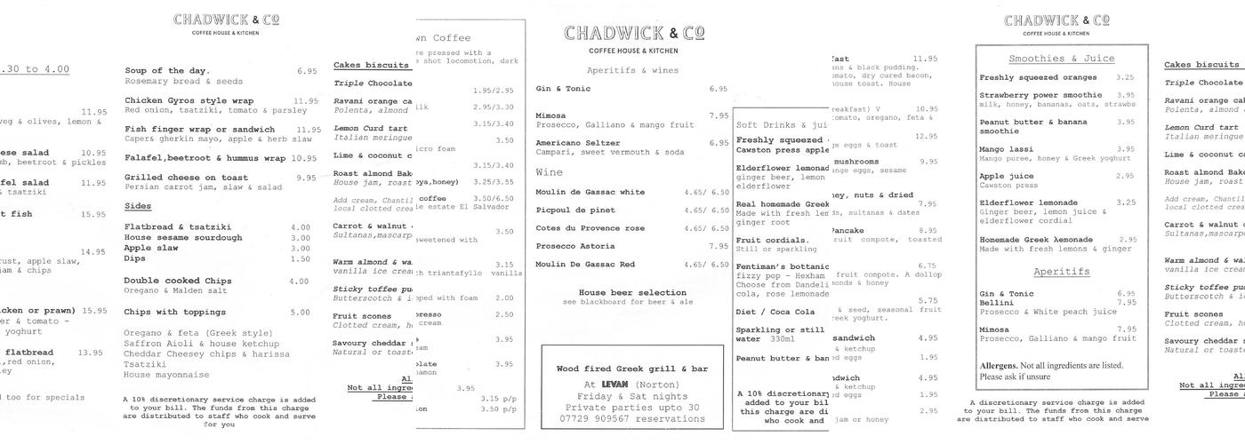 Barker and Stonehouse Menu