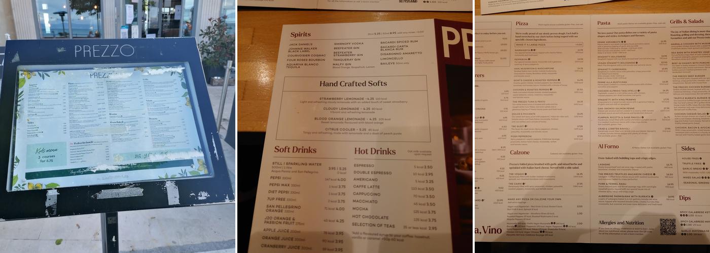 Prezzo Italian Restaurant Mumbles Menu