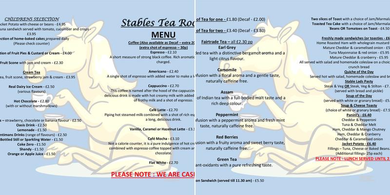 Stables Tea Room Menu
