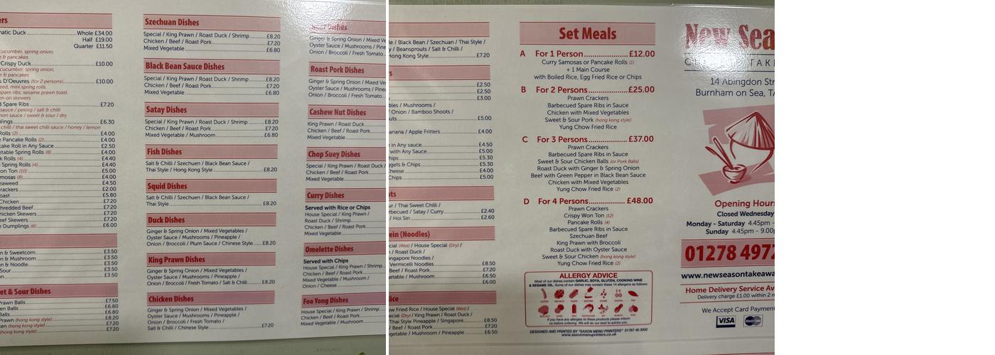 New Season Chinese Takeaway Menu