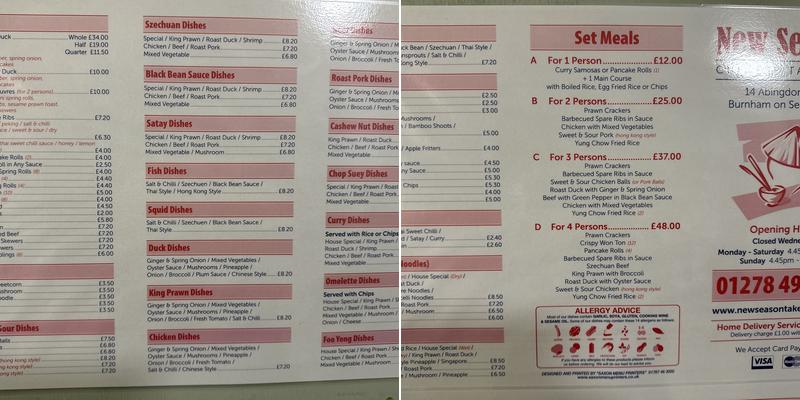 New Season Chinese Takeaway Menu