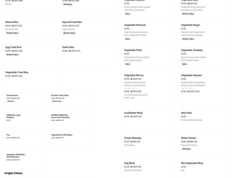 Bombay to Gillingham Menu