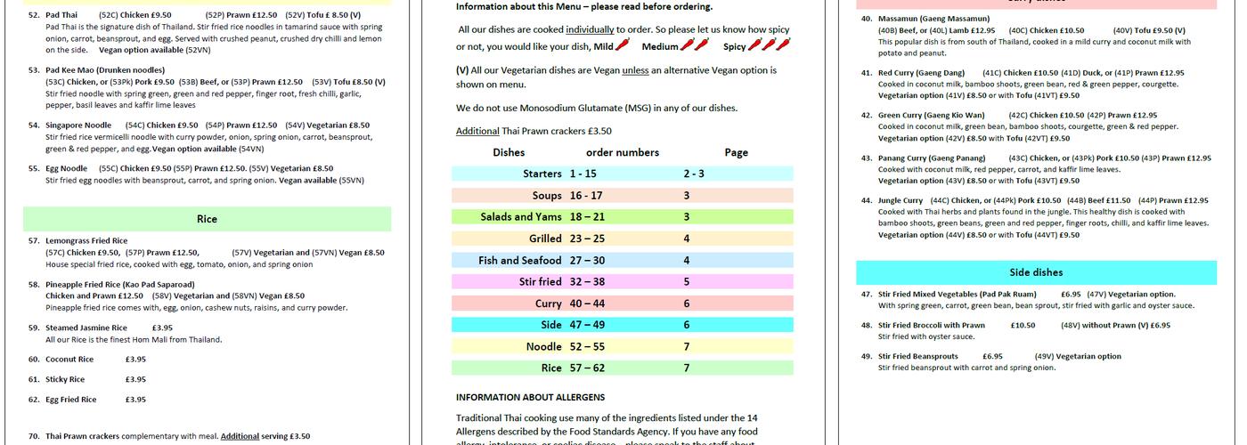 The Lemongrass, Thai Restaurant Menu