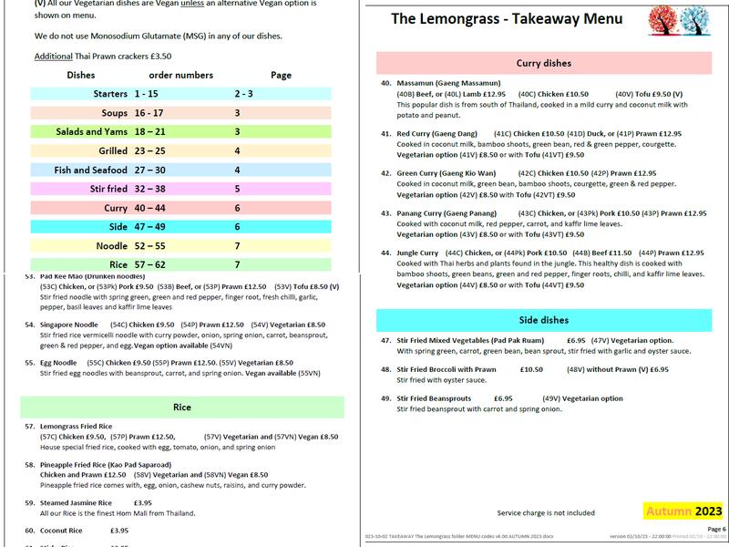 The Lemongrass, Thai Restaurant Menu