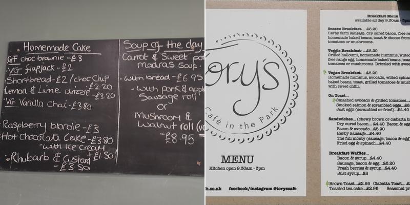 Tory's Café in the Park Menu